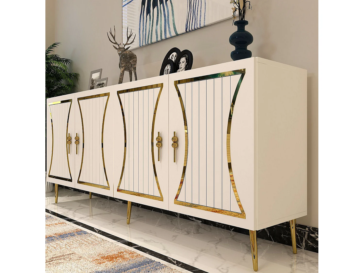 Komoda – 150 cm x 75 cm x 35 cm – Biało-złota – Płyta wiórowa