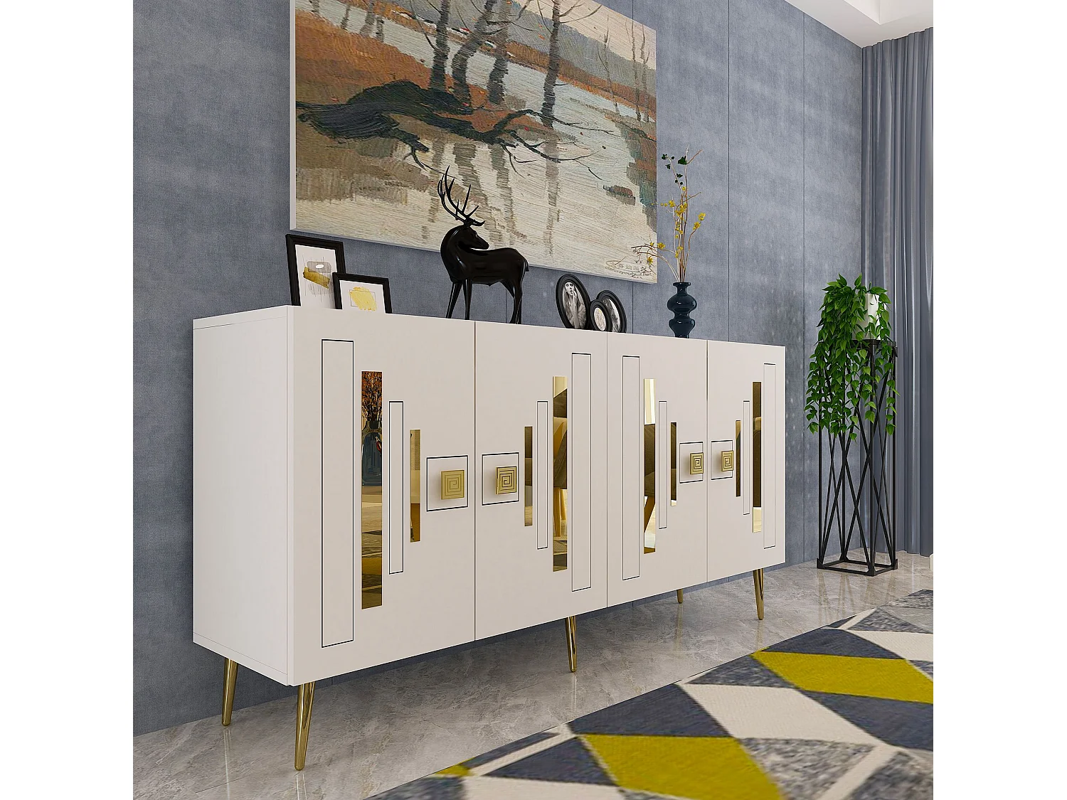 Buffet – 150 cm x 75 cm x 35 cm – Blanc et Or – Panneaux de particules
