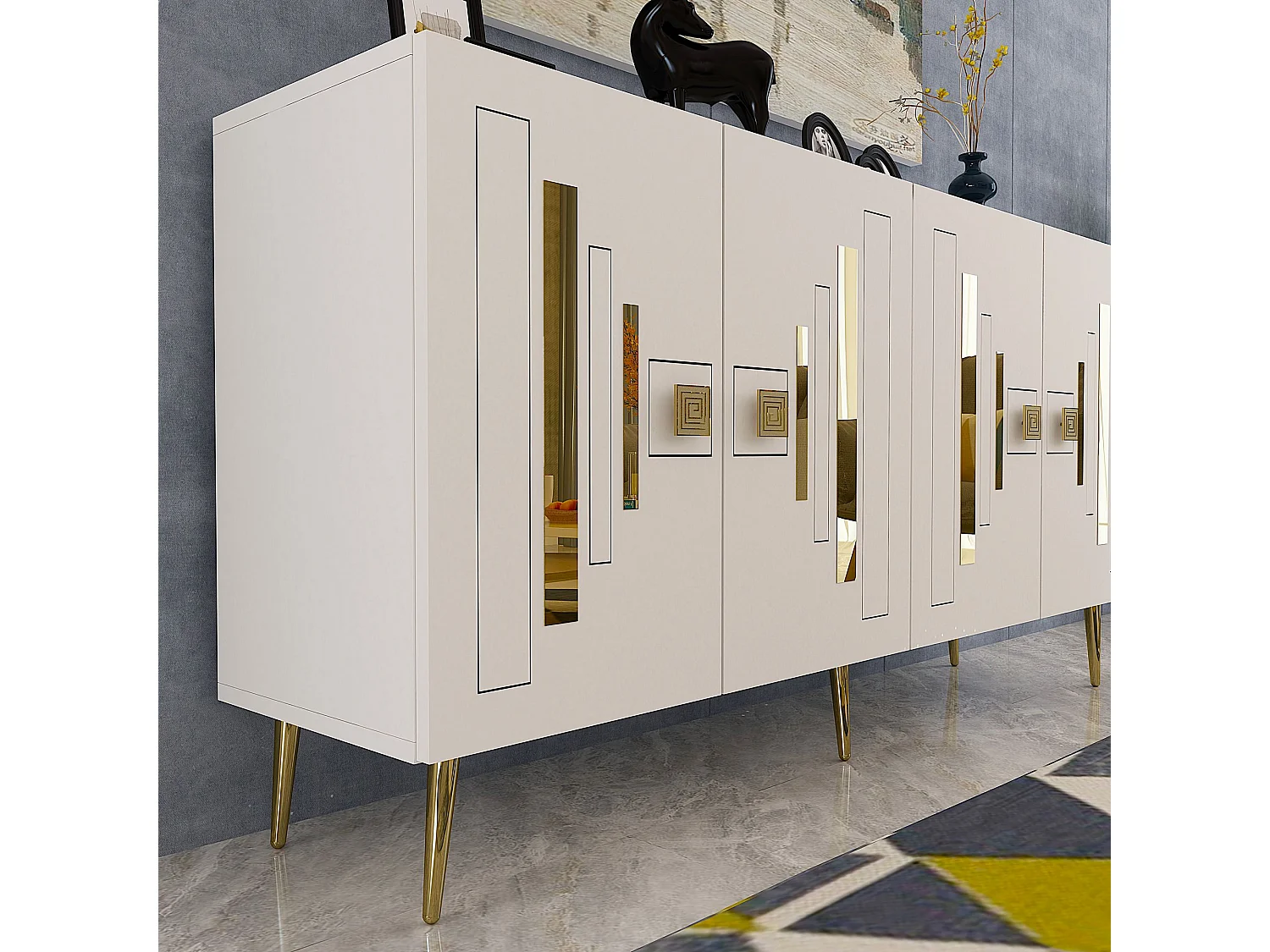 Buffet – 150 cm x 75 cm x 35 cm – Blanc et Or – Panneaux de particules