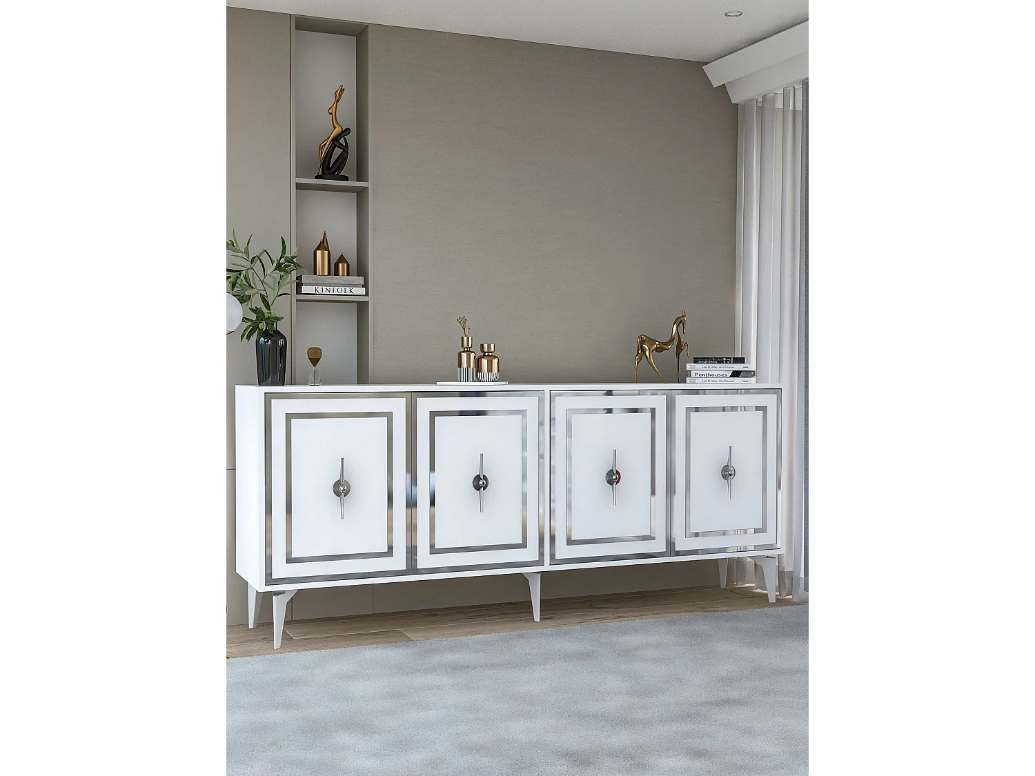 Buffet – 180 cm x 78,6 cm x 35 cm – Blanc et Argent – ​​Panneau de particules mélaminé
