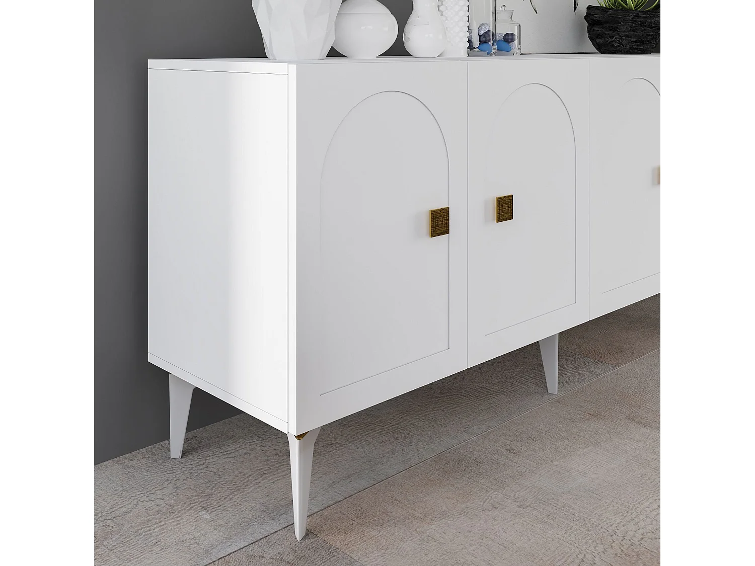 Buffet – 150 cm x 79 cm x 40 cm – Blanc et or – Panneaux de particules