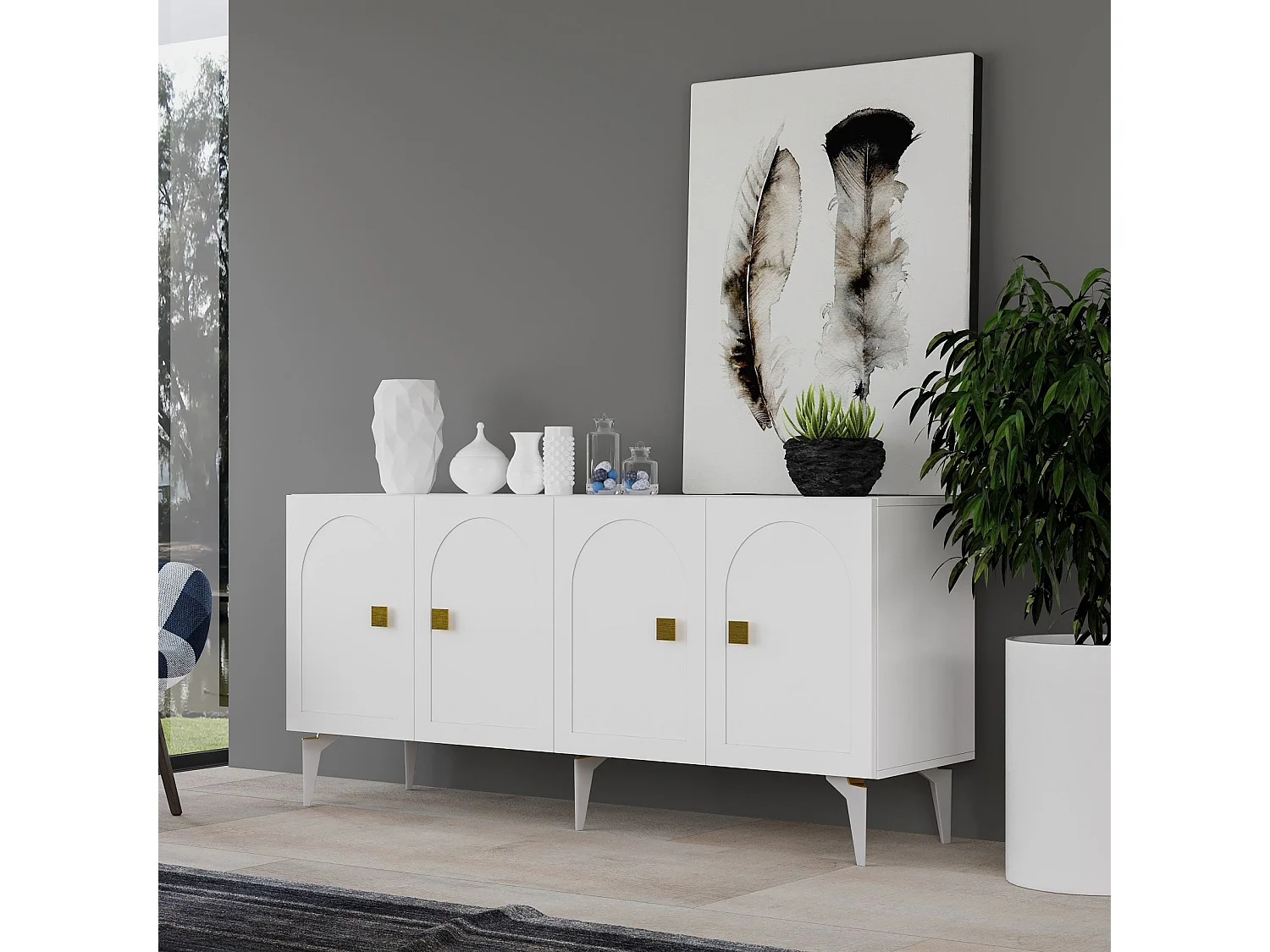 Buffet – 150 cm x 79 cm x 40 cm – Blanc et or – Panneaux de particules