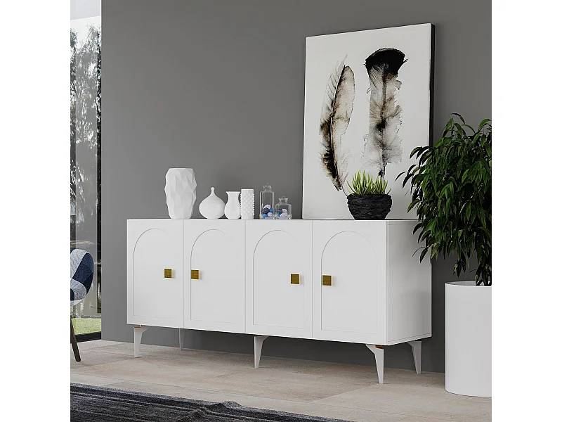 Buffet – 150 cm x 79 cm x 40 cm – Blanc et or – Panneaux de particules
