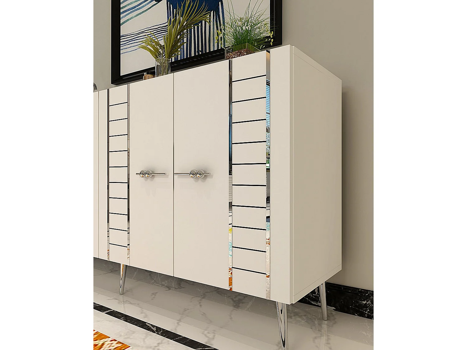 Dressoir – 150 cm x 75 cm – Wit en zilver – Spaanplaat