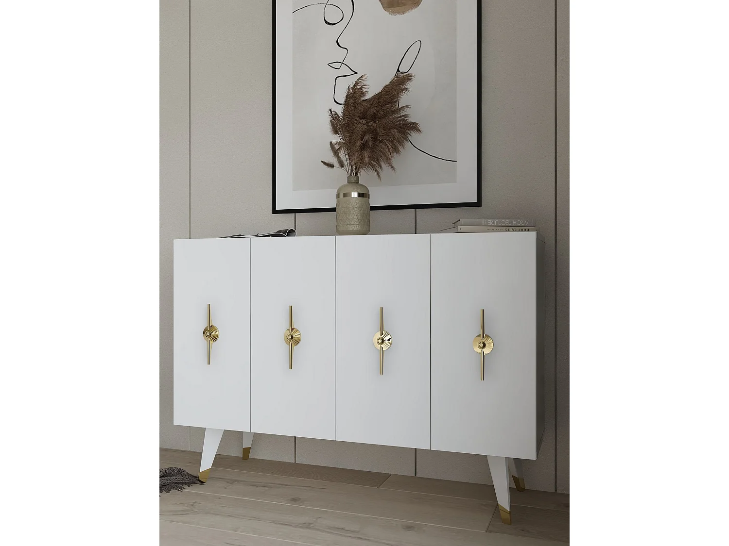 Buffet en aggloméré mélaminé – 120 cm x 80 cm x 29,6 cm – Or et Blanc