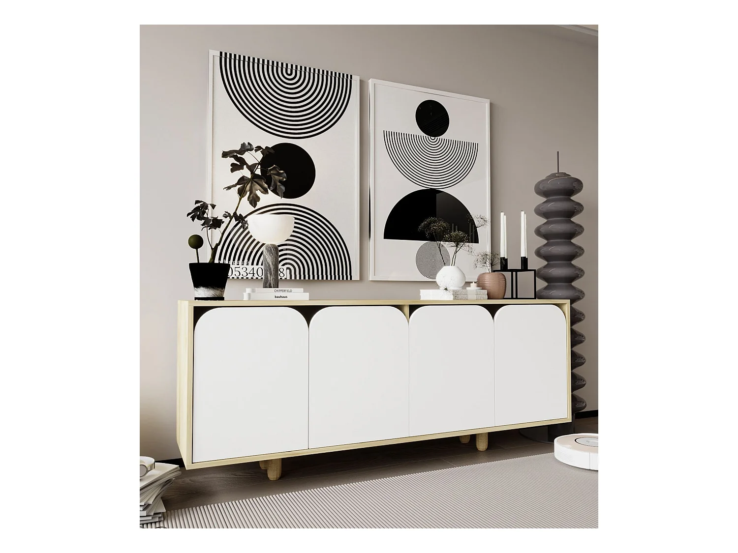 Buffet – 180 cm – Saphir et Chêne Blanc – Aggloméré et Bois