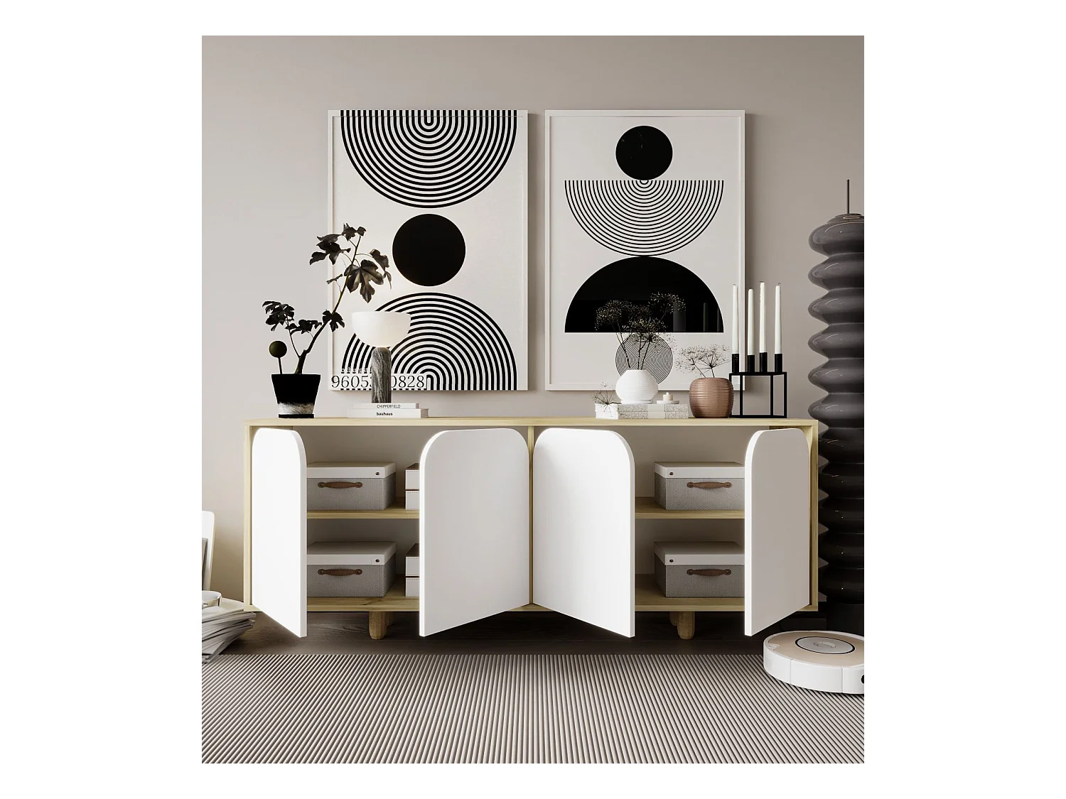 Buffet – 180 cm – Saphir et Chêne Blanc – Aggloméré et Bois