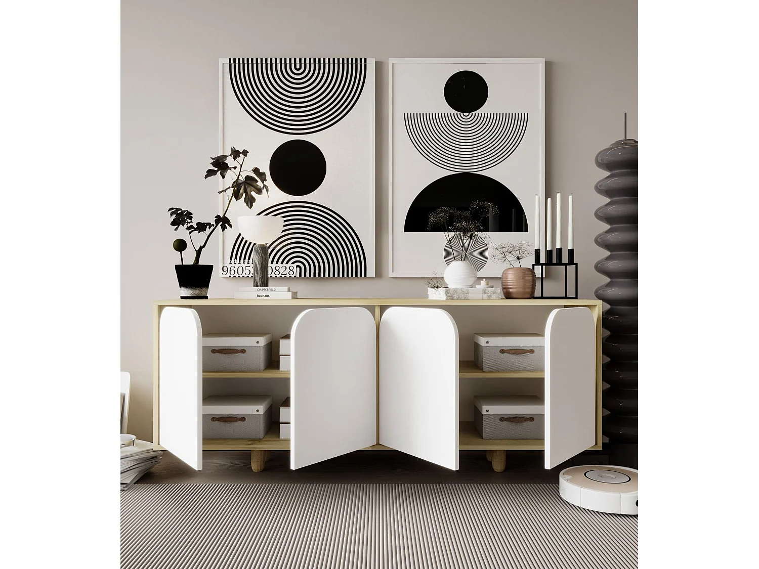 Buffet – 180 cm – Saphir et Chêne Blanc – Aggloméré et Bois