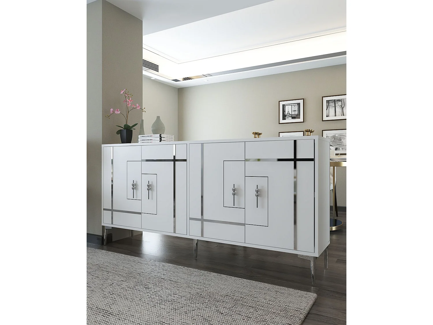 Buffet – 180 cm x 78,6 cm x 35 cm – Blanc et Argent – ​​Aggloméré