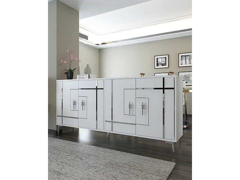 Buffet – 180 cm x 78,6 cm x 35 cm – Blanc et Argent – ​​Aggloméré