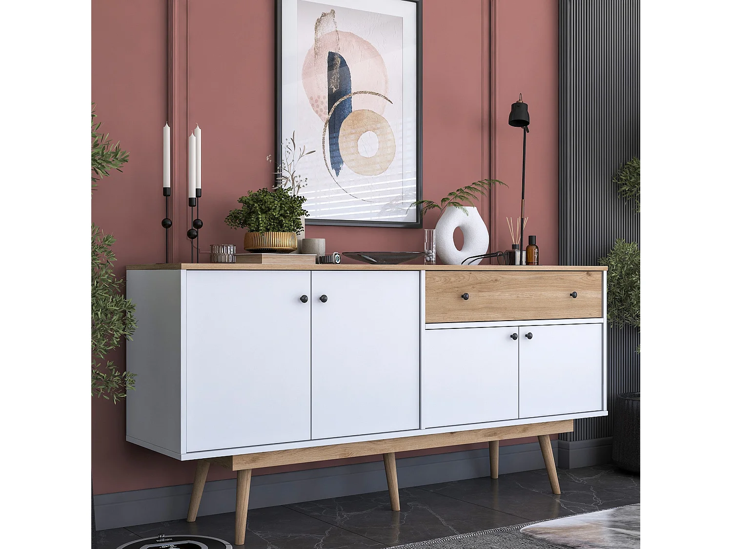 Komoda z płyty wiórowej – 180 cm x 87,6 cm x 45 cm – Orzech i biel – Płyta wiórowa