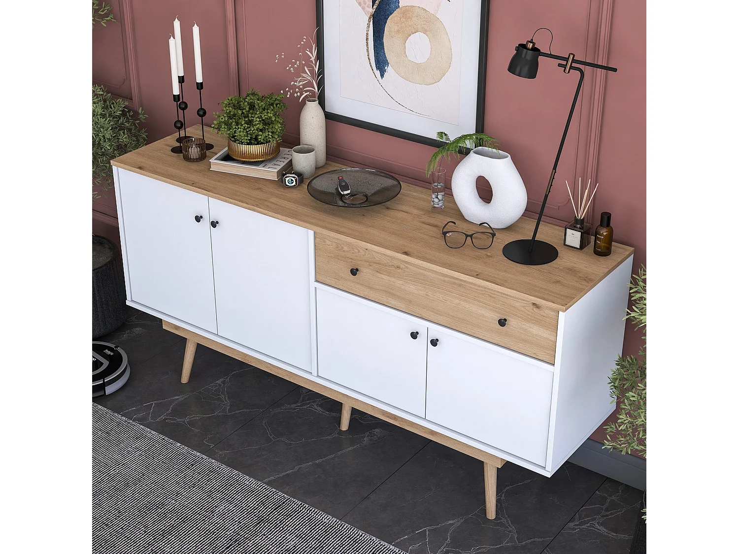 Komoda z płyty wiórowej – 180 cm x 87,6 cm x 45 cm – Orzech i biel – Płyta wiórowa