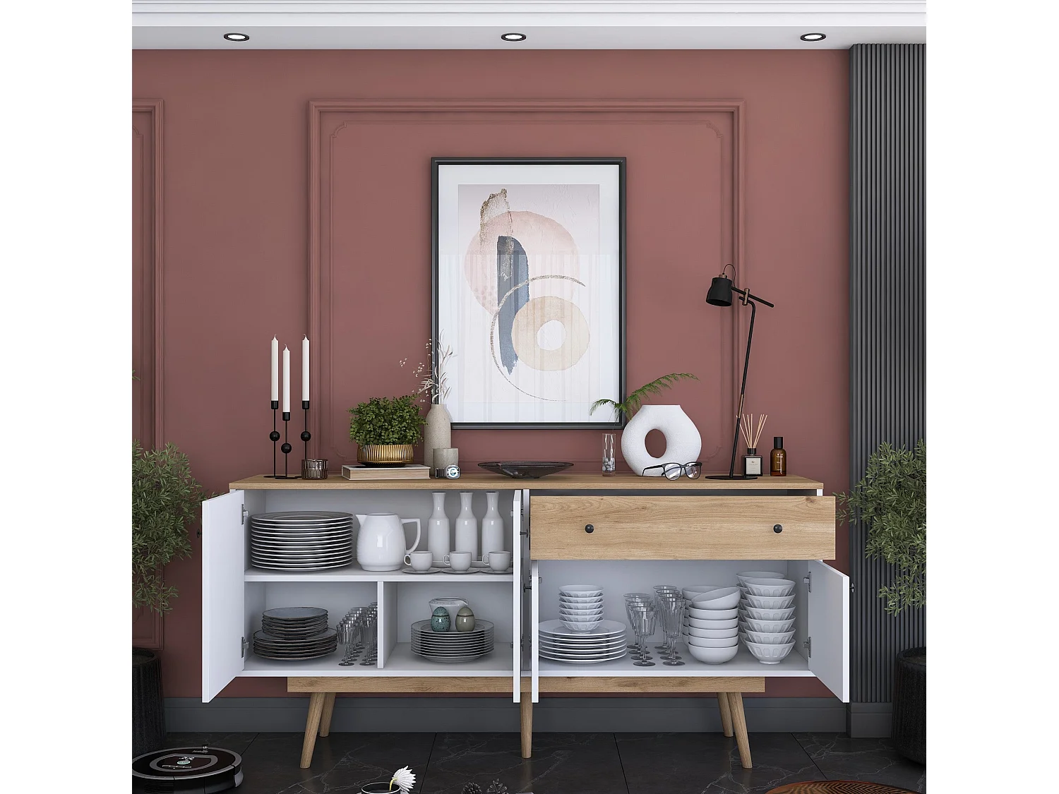 Komoda z płyty wiórowej – 180 cm x 87,6 cm x 45 cm – Orzech i biel – Płyta wiórowa