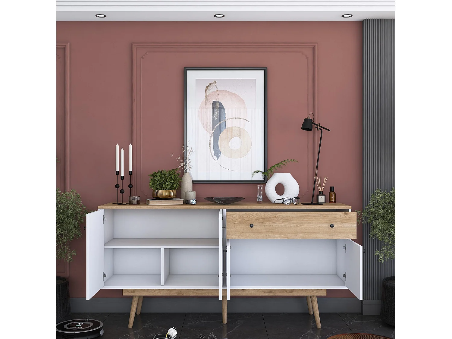 Komoda z płyty wiórowej – 180 cm x 87,6 cm x 45 cm – Orzech i biel – Płyta wiórowa