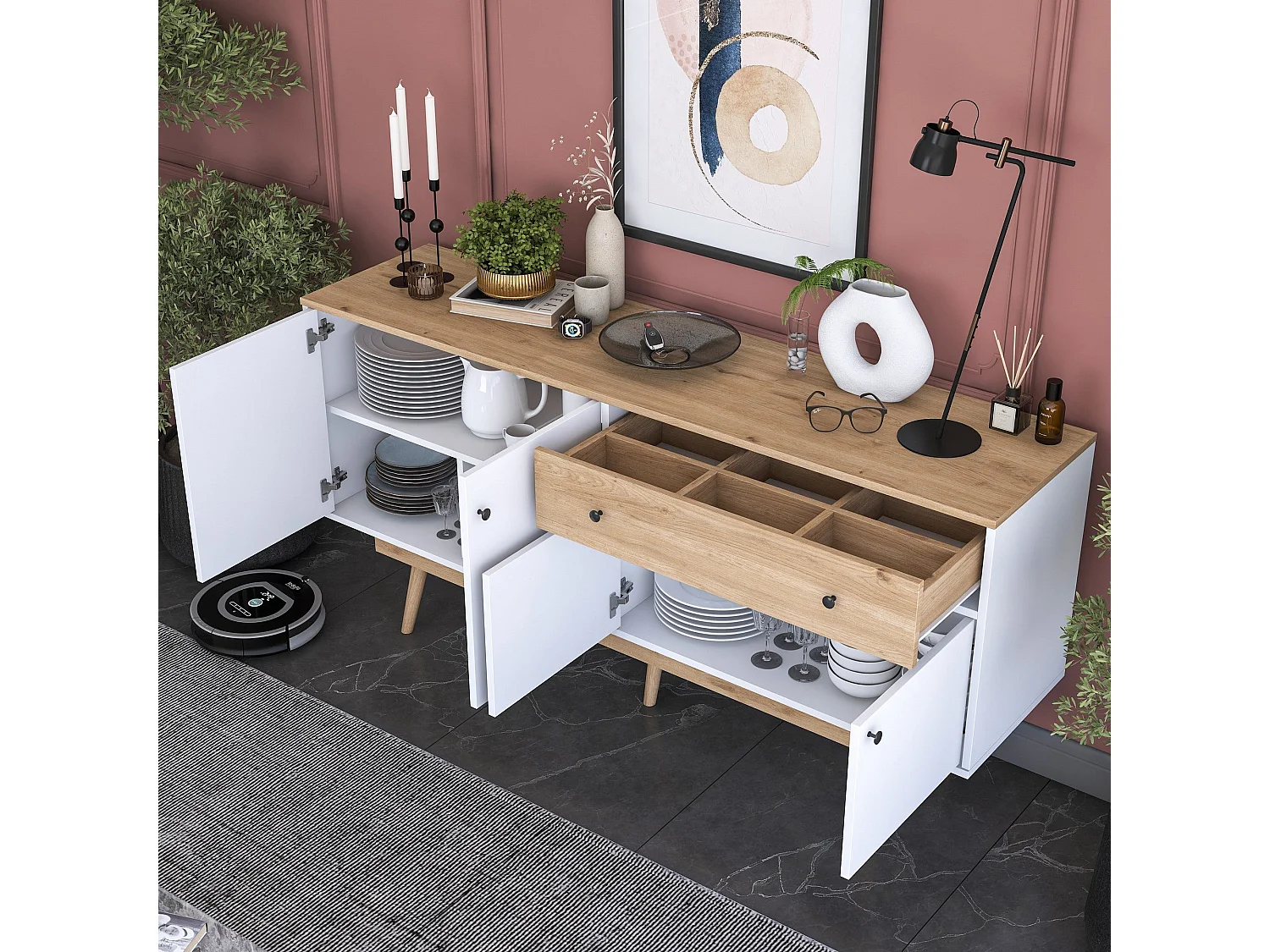 Komoda z płyty wiórowej – 180 cm x 87,6 cm x 45 cm – Orzech i biel – Płyta wiórowa