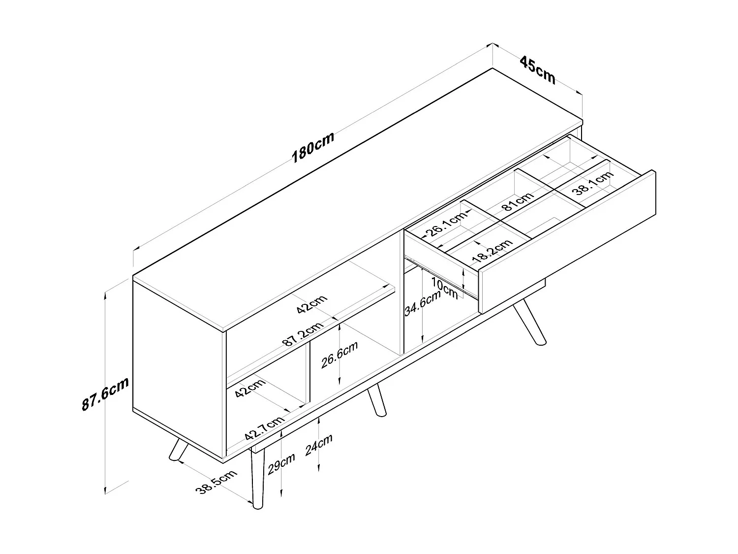 Komoda z płyty wiórowej – 180 cm x 87,6 cm x 45 cm – Orzech i biel – Płyta wiórowa