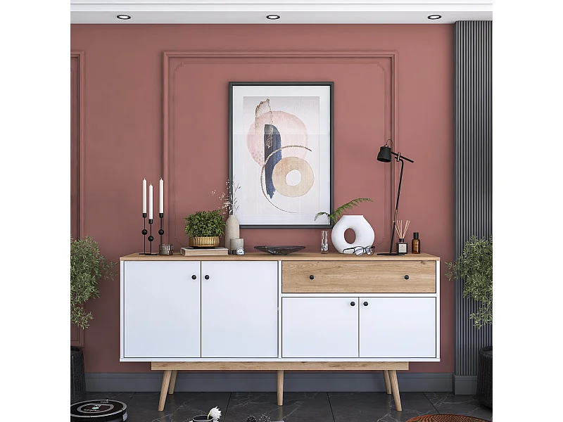 Komoda z płyty wiórowej – 180 cm x 87,6 cm x 45 cm – Orzech i biel – Płyta wiórowa