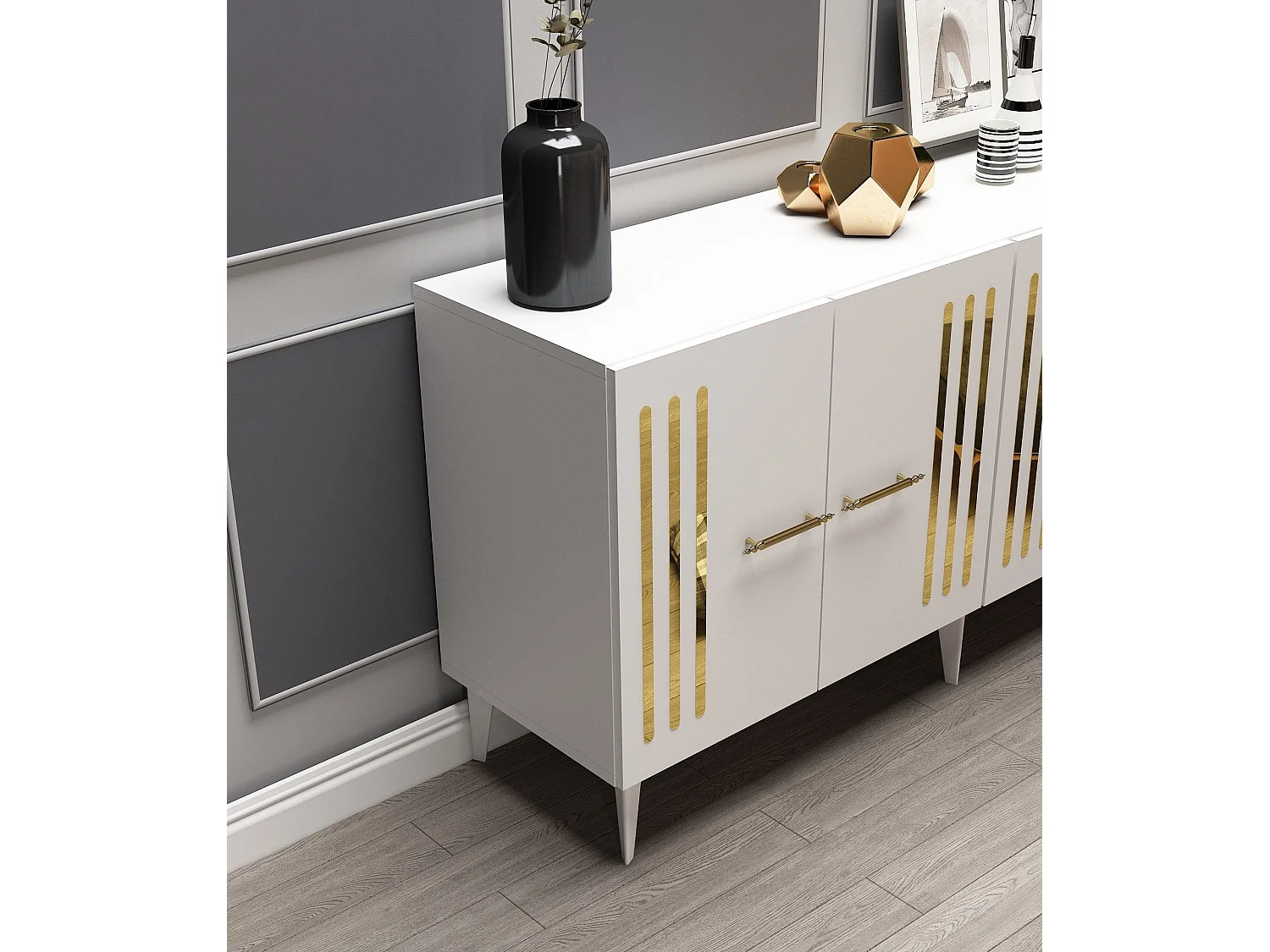 Sideboard – 150 cm x 79 cm x 40 cm – Weiß und Gold – Spanplatte