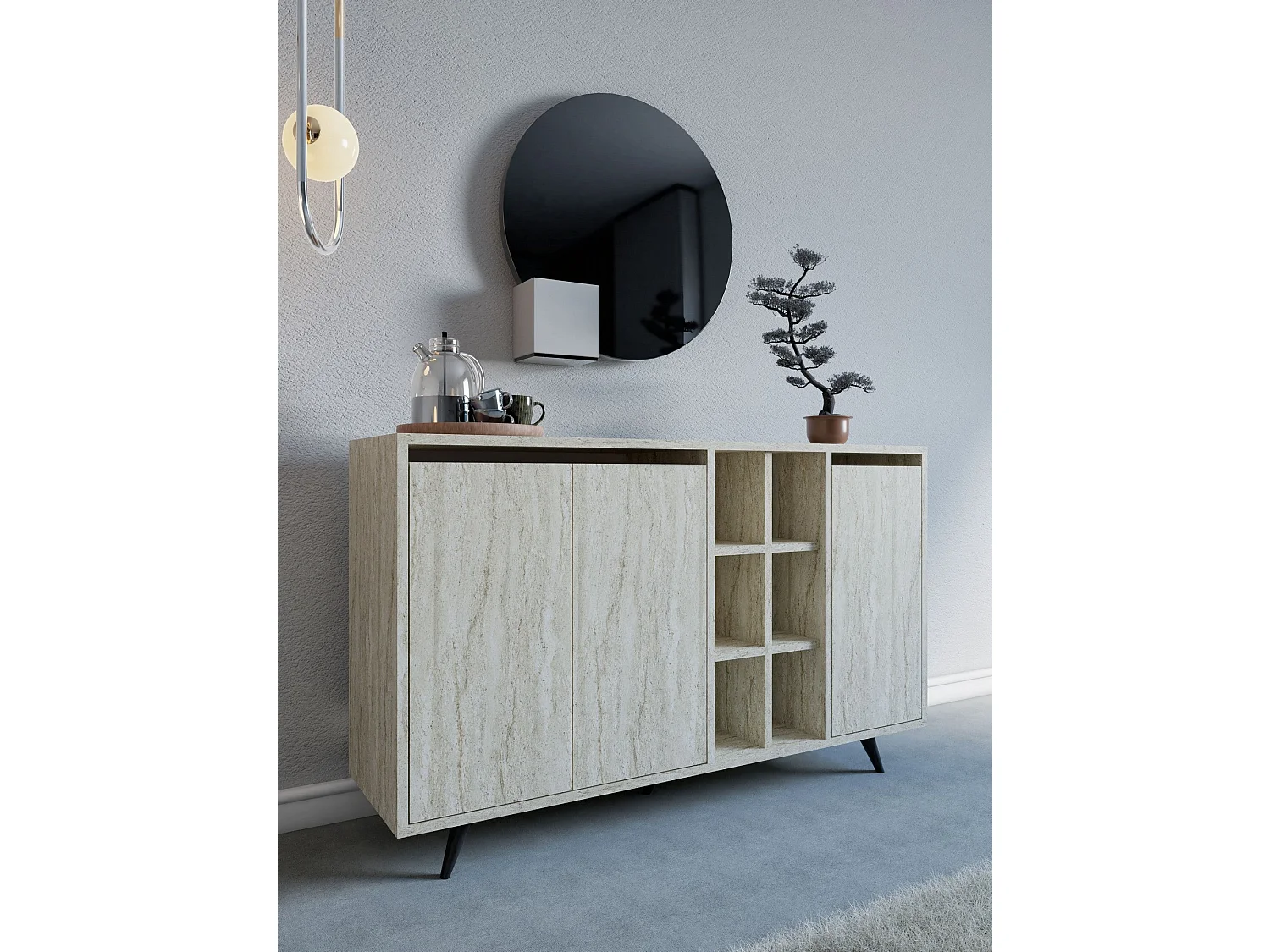 Buffet en marbre – 140cm x 86cm x 40cm – Travertin – Panneau de particules mélaminé