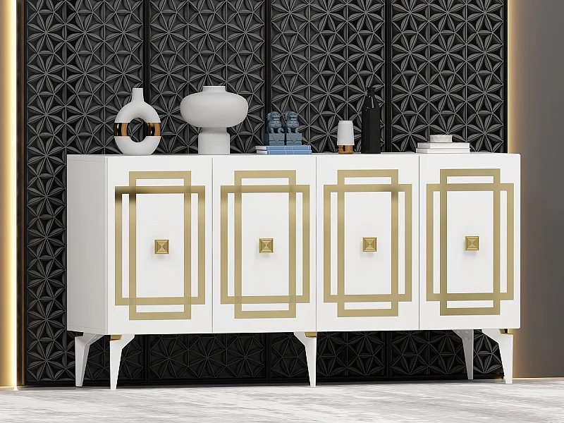 Buffet – 150 cm x 79 cm x 40 cm – Blanc et Or – Aggloméré