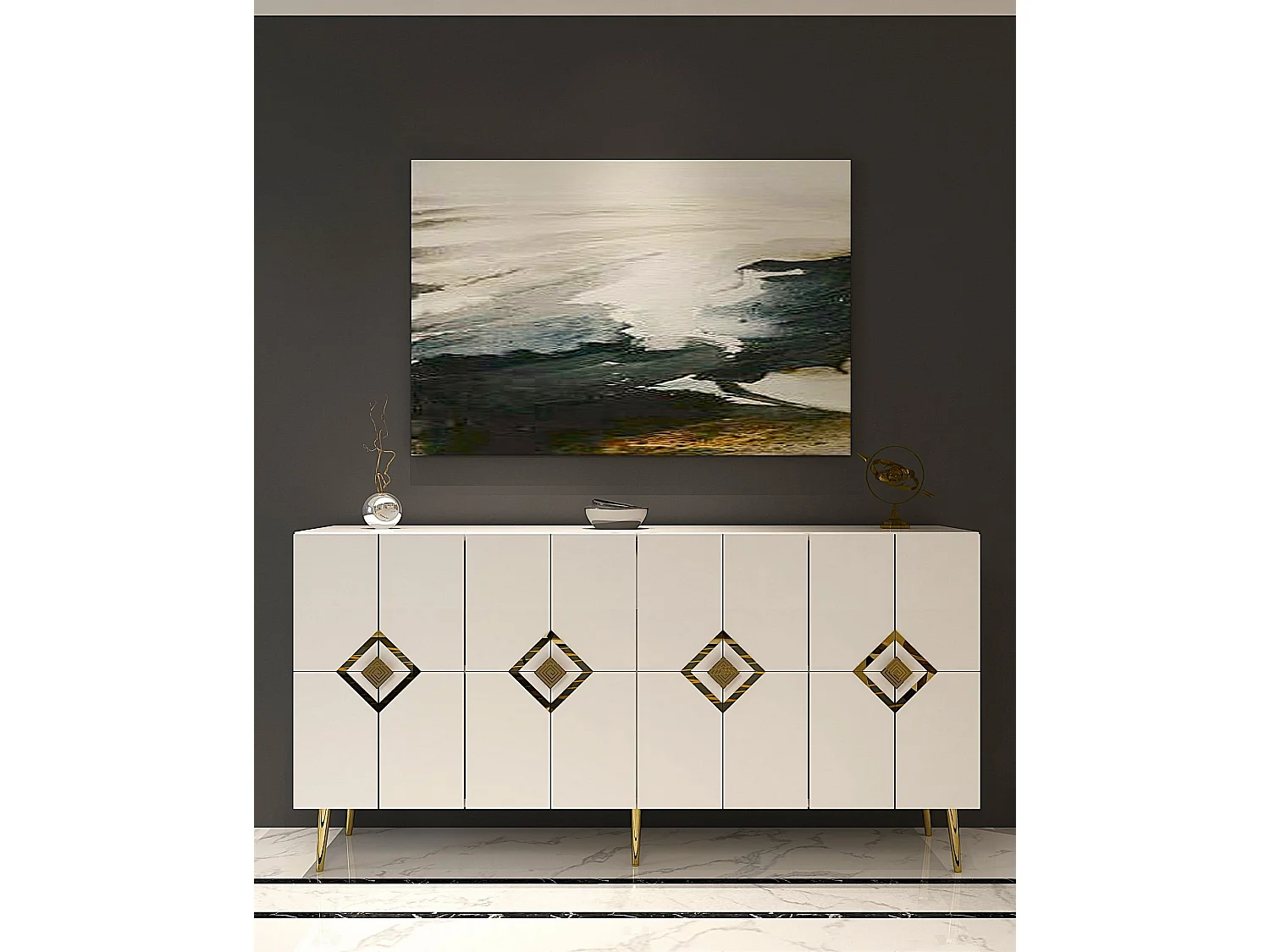 Buffet – 150 cm – Blanc et Or – MDF