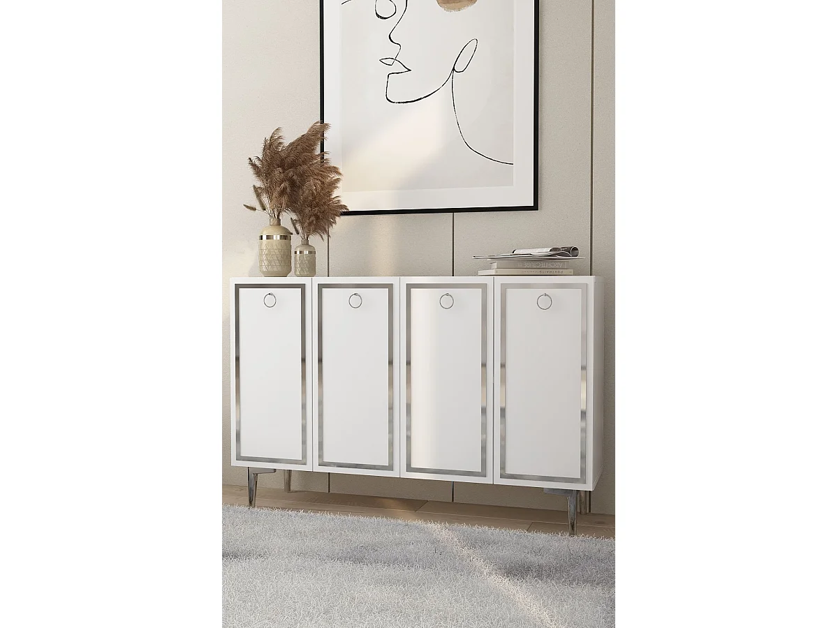 Buffet – 120 cm x 75 cm x 29,6 cm – Blanc et Argent – ​​Panneau de particules mélaminé