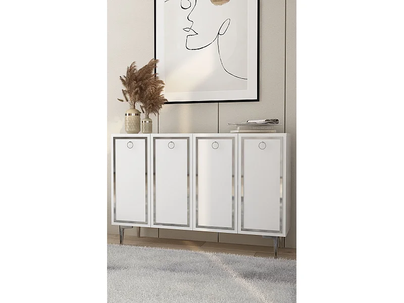 Buffet – 120 cm x 75 cm x 29,6 cm – Blanc et Argent – ​​Panneau de particules mélaminé