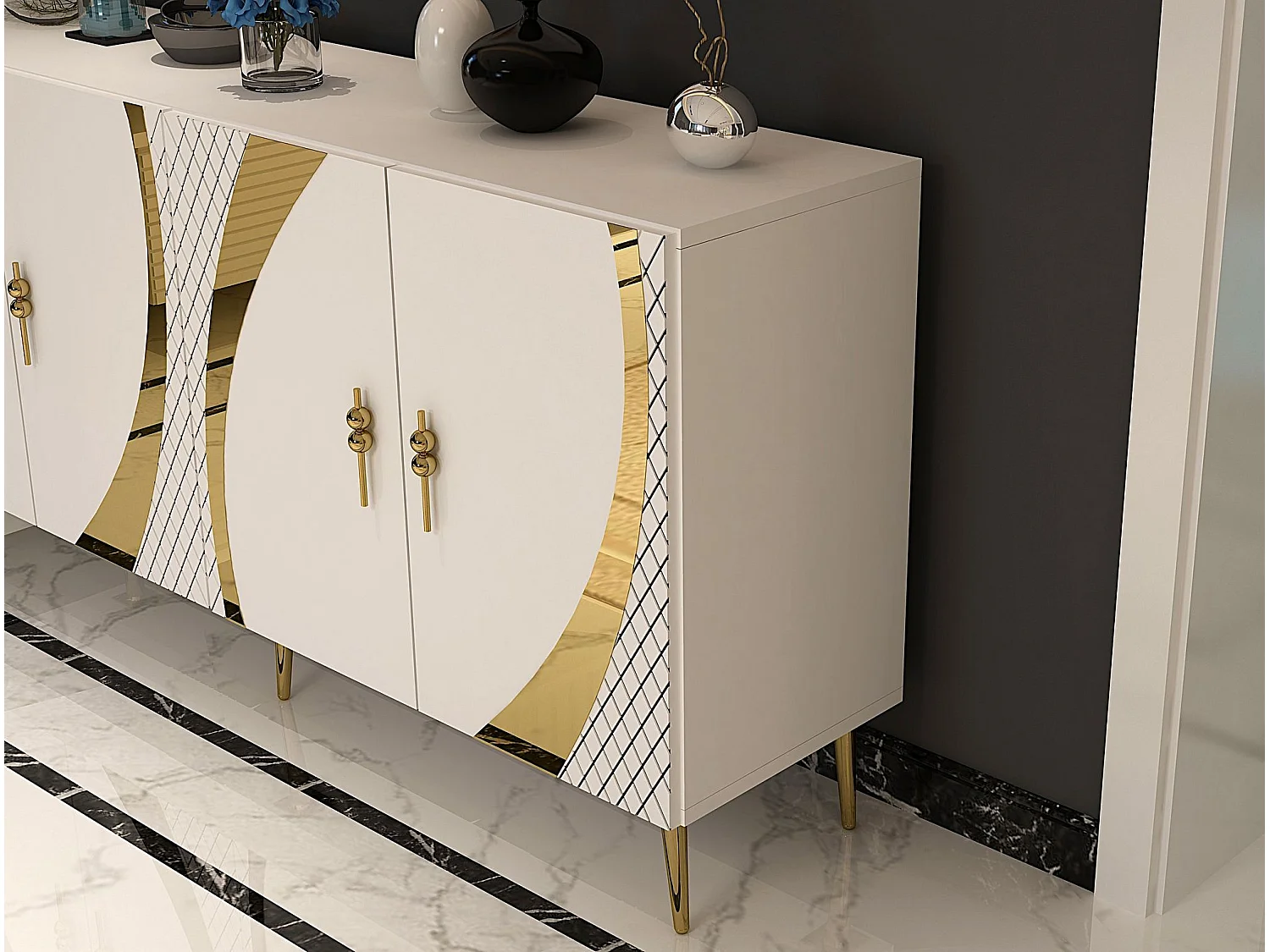Credenza – 150 cm x 75 cm x 35 cm – Bianco e oro – Pannello truciolare rivestito in melaminico