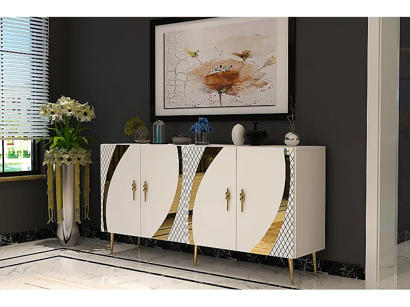 Credenza – 150 cm x 75 cm x 35 cm – Bianco e oro – Pannello truciolare rivestito in melaminico