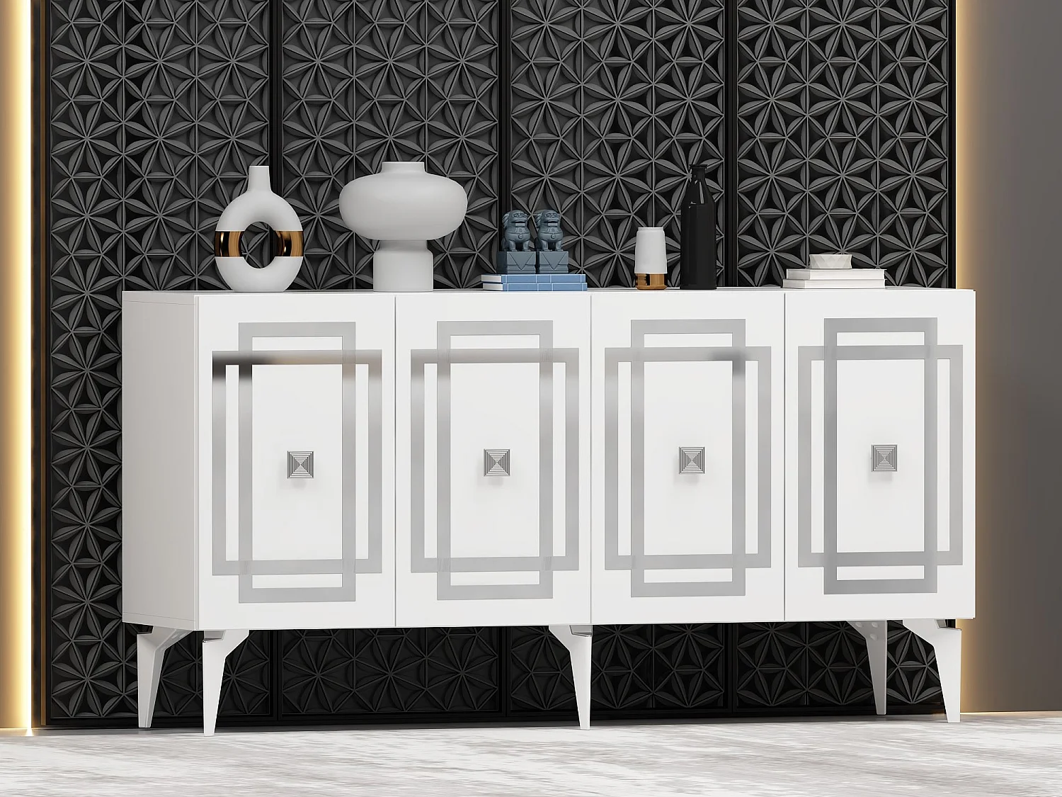 Sideboard – 150 cm – Weiß und Silber – Spanplatte