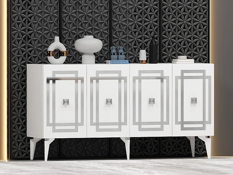 Sideboard – 150 cm – Weiß und Silber – Spanplatte