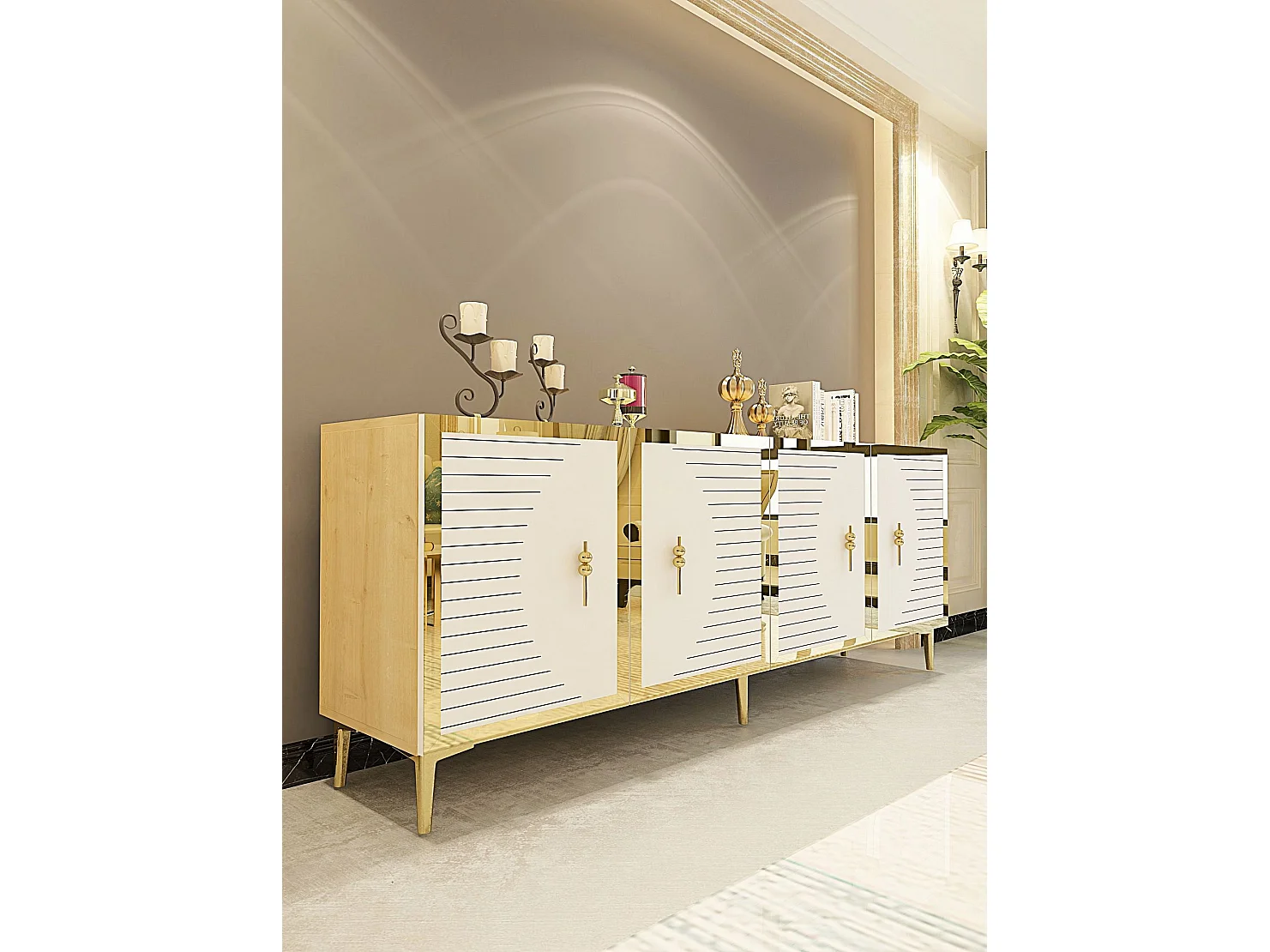 Dressoir – 180cm – Saffier Eiken, Wit, Goud – Melamine gecoate spaanplaat
