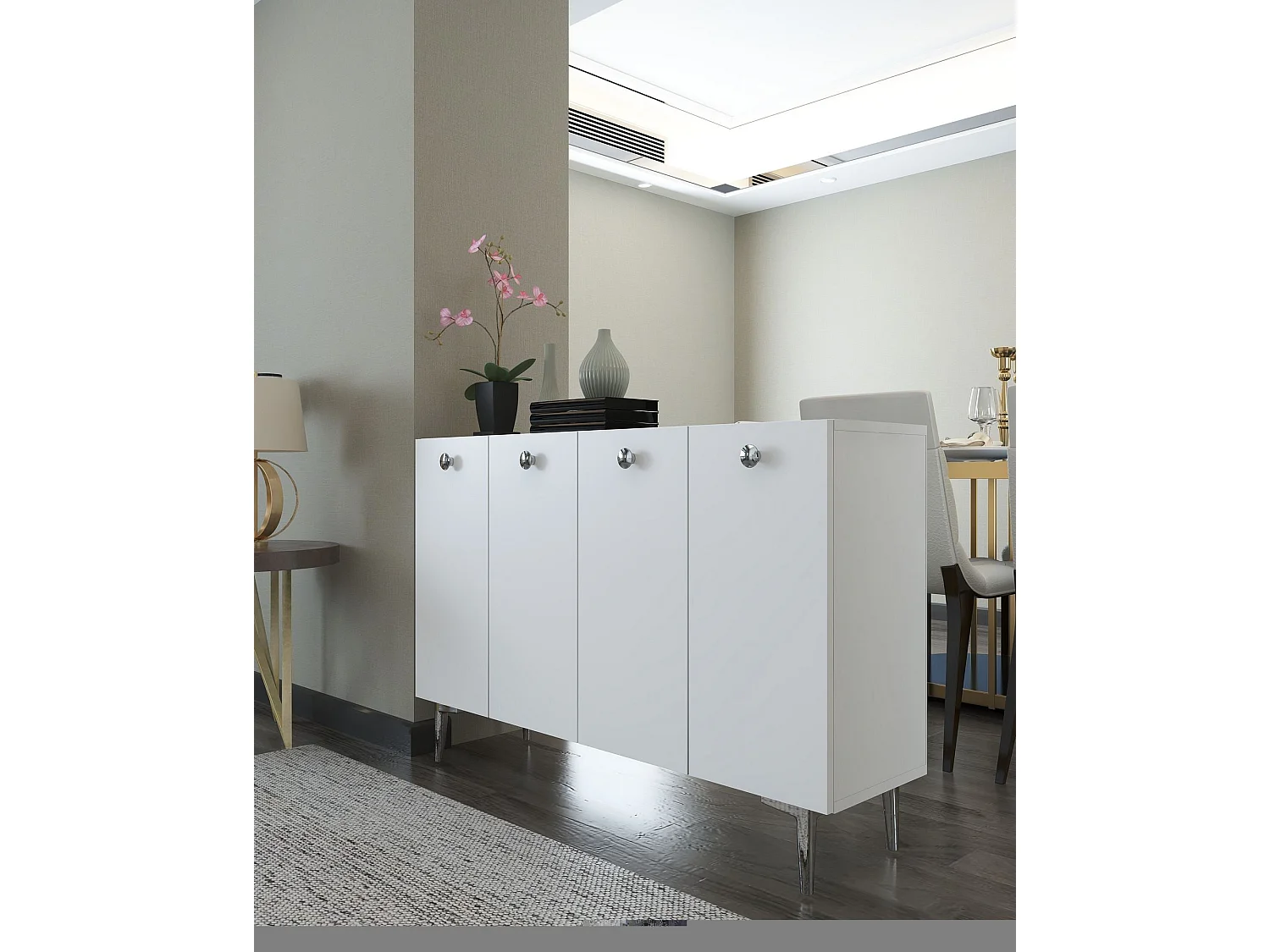 Komoda – 120 cm x 80 cm x 29,6 cm – Biała i srebrna – Płyta wiórowa