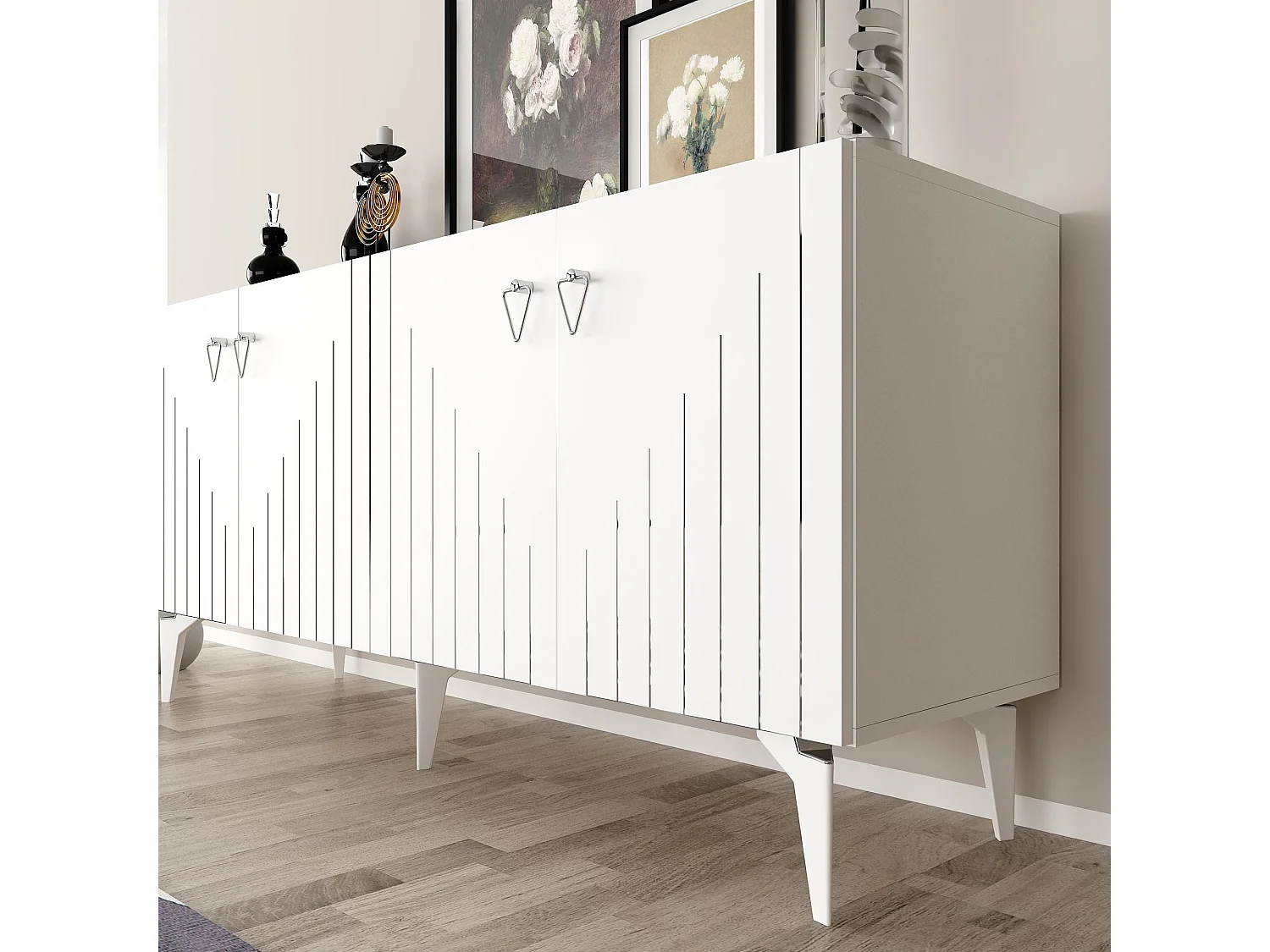 Buffet en aggloméré mélaminé – 150 cm – Blanc et Argent