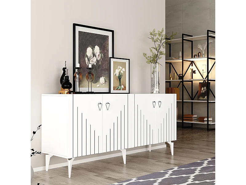 Buffet en aggloméré mélaminé – 150 cm – Blanc et Argent