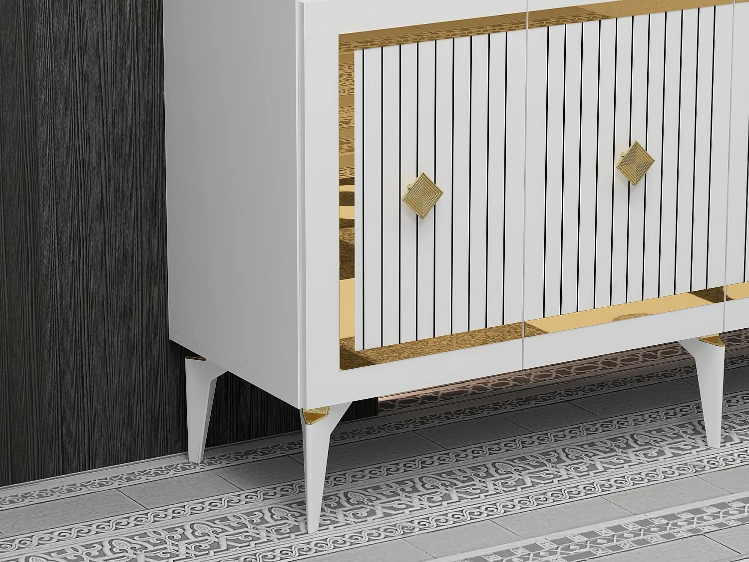 Komoda – 150 cm x 79 cm x 40 cm – Biało-złota – Płyta wiórowa