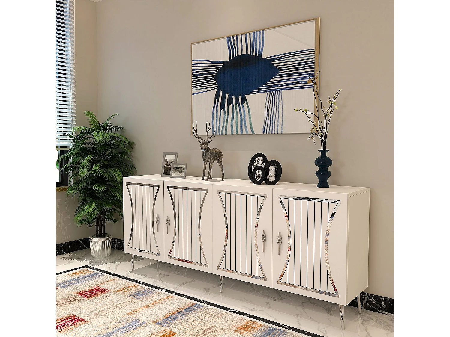 Buffet – 150 cm x 75 cm – Blanc et Argent – ​​Aggloméré