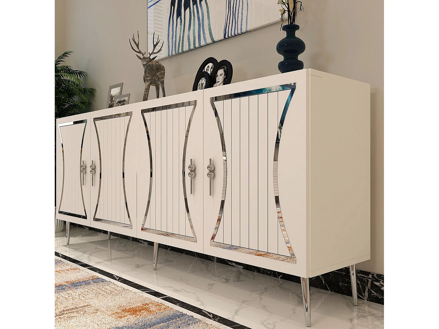 Buffet – 150 cm x 75 cm – Blanc et Argent – ​​Aggloméré