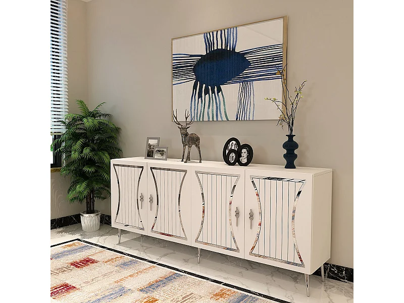Buffet – 150 cm x 75 cm – Blanc et Argent – ​​Aggloméré