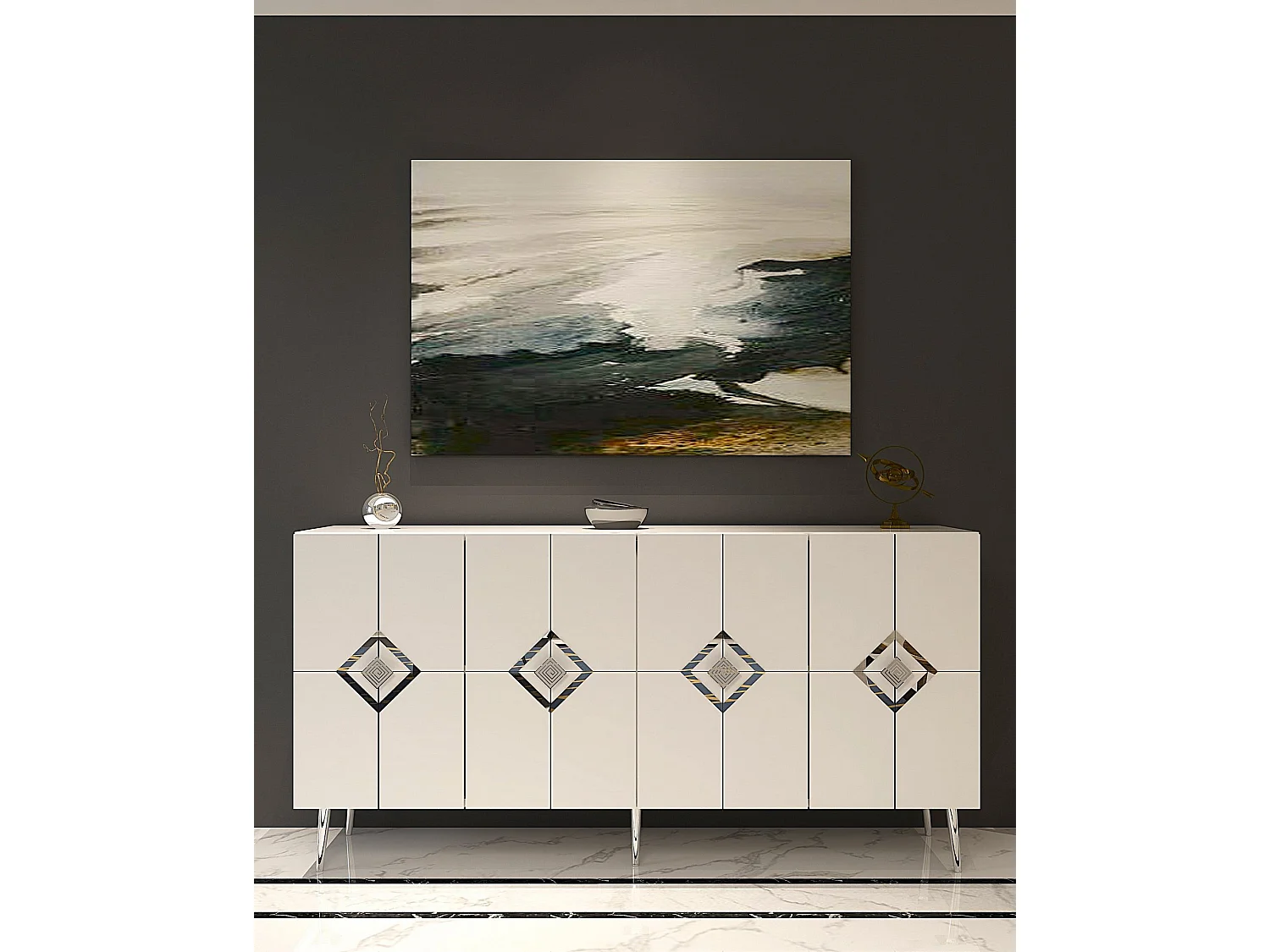 Komoda – 150 cm x 75 cm x 35 cm – Kolor biały i srebrny – Płyta wiórowa pokryta melaminą