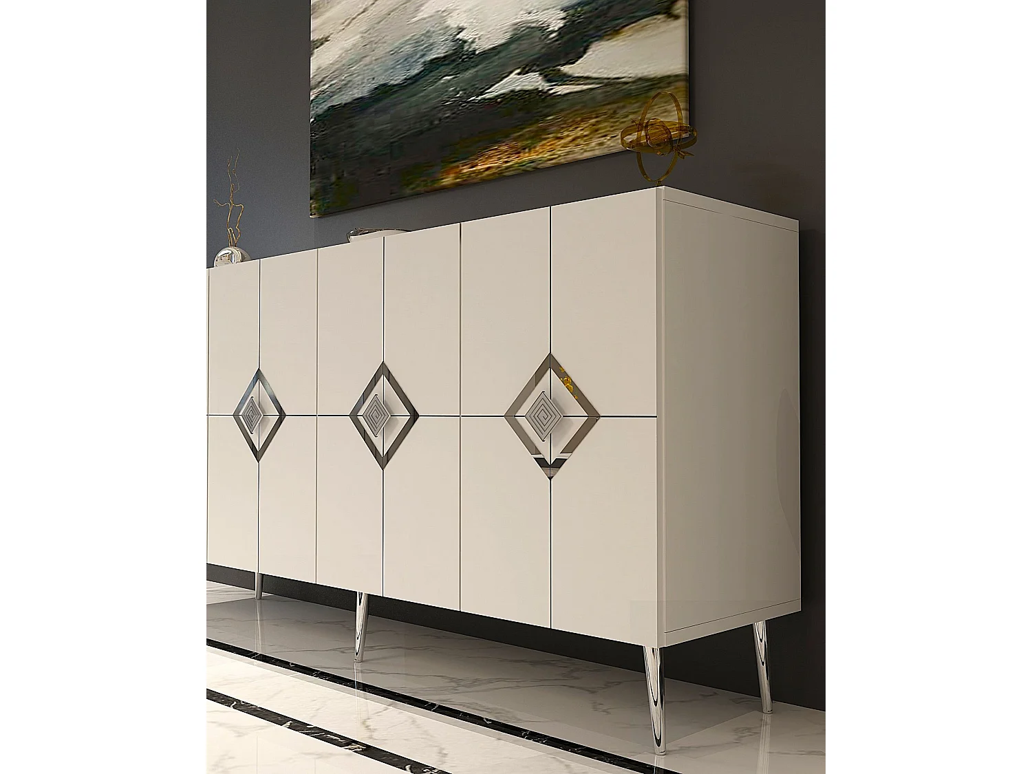 Komoda – 150 cm x 75 cm x 35 cm – Kolor biały i srebrny – Płyta wiórowa pokryta melaminą