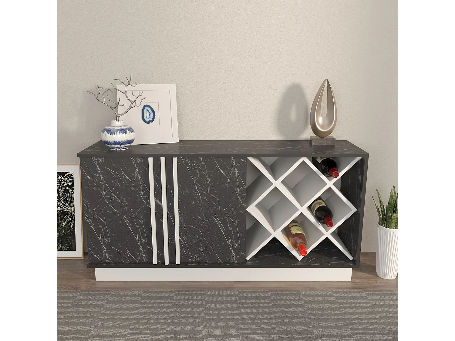 Buffet – 148 cm x 70 cm x 40 cm – Blanc et Noir – MDF