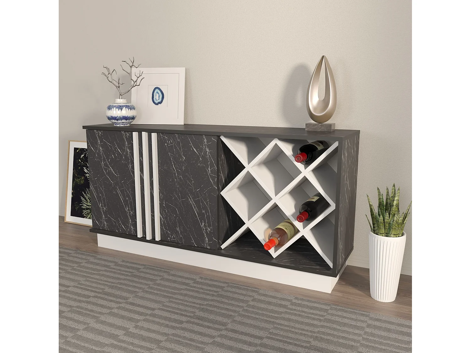 Buffet – 148 cm x 70 cm x 40 cm – Blanc et Noir – MDF