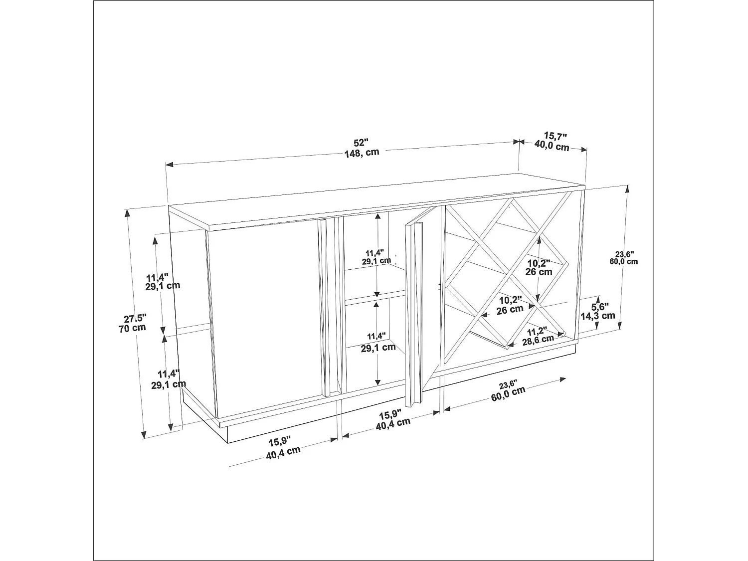 Buffet – 148 cm x 70 cm x 40 cm – Blanc et Noir – MDF