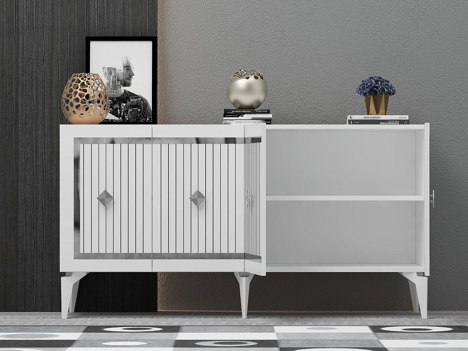 Buffet – 150 cm x 79 cm x 40 cm – Blanc et Argent – ​​Aggloméré