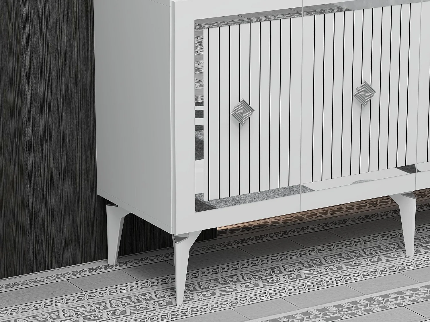 Buffet – 150 cm x 79 cm x 40 cm – Blanc et Argent – ​​Aggloméré