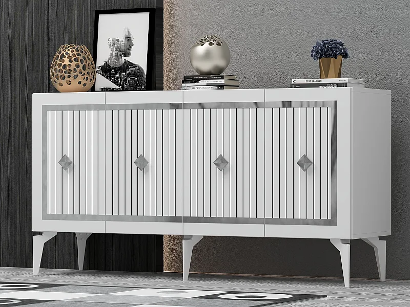 Buffet – 150 cm x 79 cm x 40 cm – Blanc et Argent – ​​Aggloméré