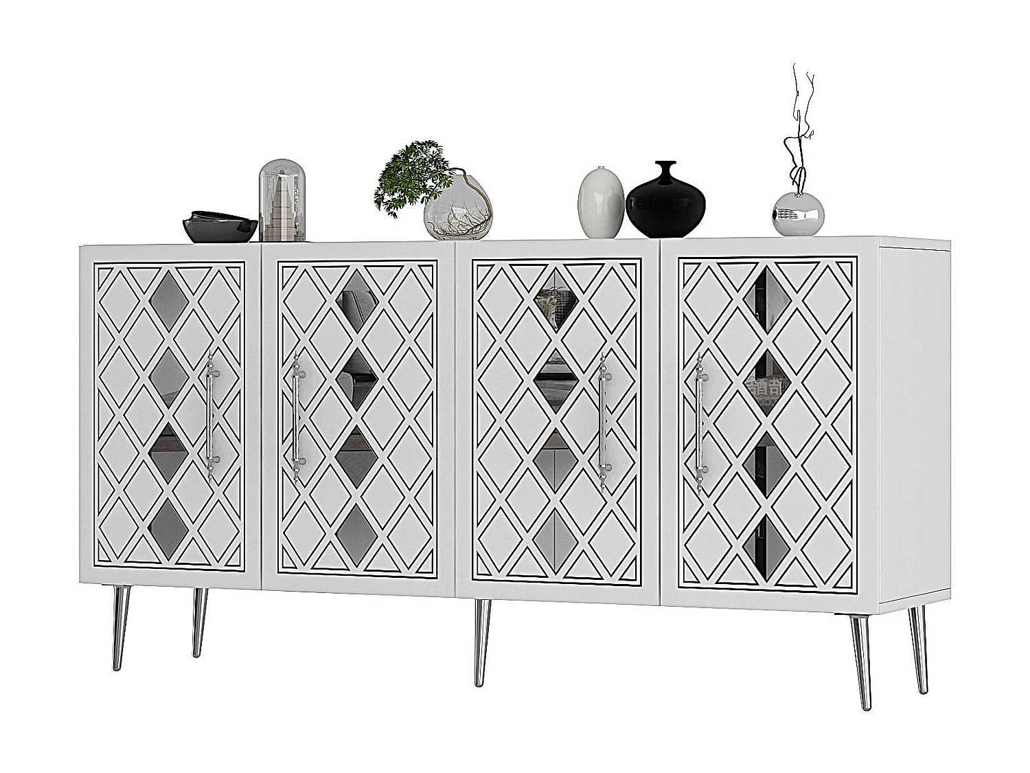 Komoda – 150 cm – Biało-srebrna – Płyta wiórowa pokryta melaminą