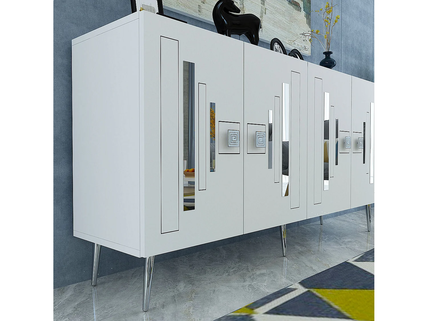 Komoda – 150 cm x 75 cm – Biało-srebrna – Płyta wiórowa