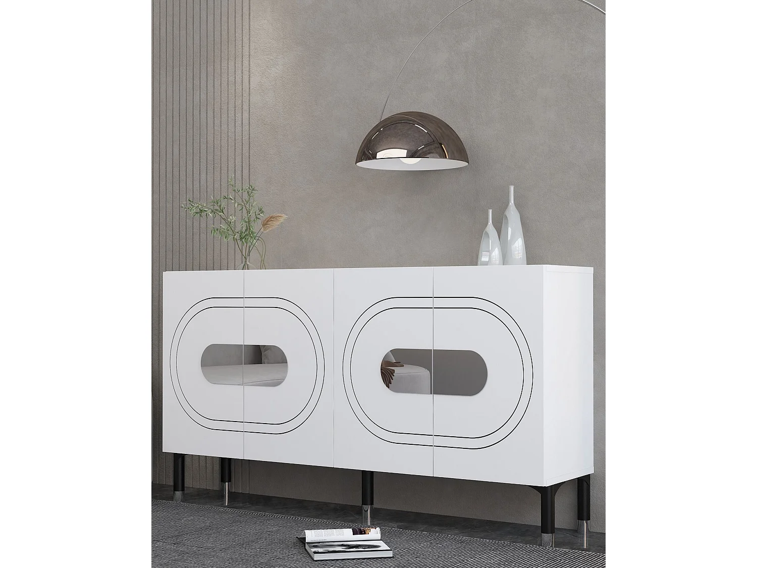 Komoda – 150 cm x 75 cm x 35 cm – biała i srebrna – płyta wiórowa